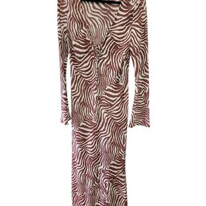 ASOS Long Sleeve Zebra Print Midi Dress in Cream and Brown